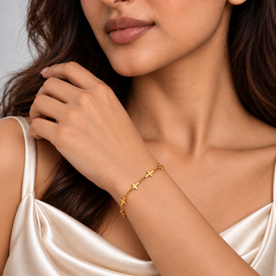 Sia Cross Station Bracelet — angled model view