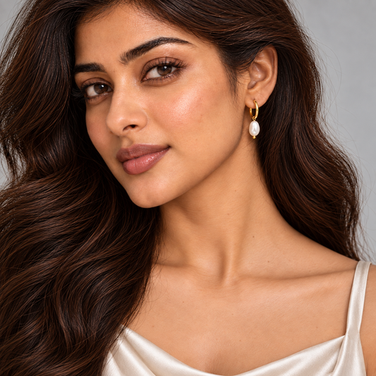 Ira Pearl Drop Hoop Earrings — model close-up