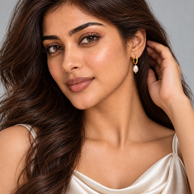 Ira Pearl Drop Hoop Earrings — angled model close-up