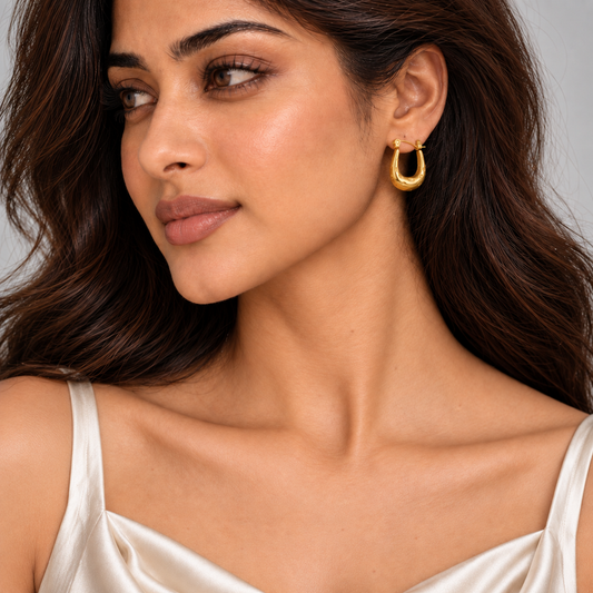 Rhea Hammered Hoop Earrings — model close-up