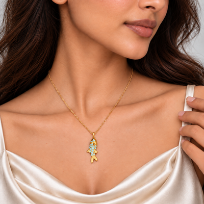 Mira Aqua Koi Pendant Necklace — angled model view