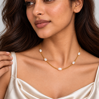 Naira Pearl Station Necklace — angled model view