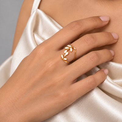 Mahi White Petal Ring — model front view