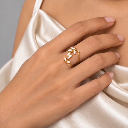 Mahi White Petal Ring — model front view
