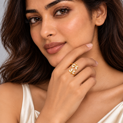 Mahi White Petal Ring — angled model view